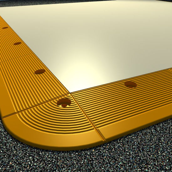 Plate Locks 40 ft. Kit components securing an 8' x 10' road plate on a construction site.
